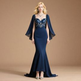Navy Blue Sequined Cape Mermaid Evening Gown - Elegant Formal Dress for Gala/Events