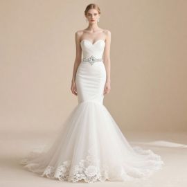 Elegant Strapless Mermaid Wedding Dress with Lace Appliqué & Beaded Belt