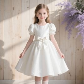 Elegant White Girls Dress with Puffed Sleeves & Bow - Wedding/Party Wear