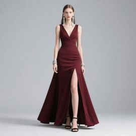 Elegant Burgundy V-Neck High Slit Evening Gown - Chic Formal Dress for Women