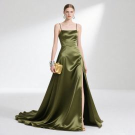 Elegant Olive Green Satin Spaghetti Strap High Slit Evening Gown