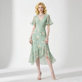 Elegant Light Green Floral Print V-Neck Asymmetrical Midi Dress with Flutter Sleeves