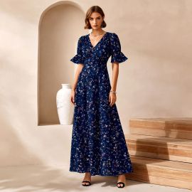 Bohemian Floral Maxi Dress: V-Neck Bell Sleeve Summer Long Gown
