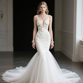 Elegant Deep V-Neck Mermaid Wedding Dress with Lace Floral Appliques & Sweep Train