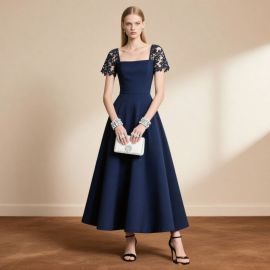 Elegant Navy Blue Lace-Sleeve Square Neck Midi Dress - Formal Occasion Wear