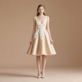 Champagne Satin V-Neck Dress with White Floral Embroidery - Elegant Short A-Line Gown