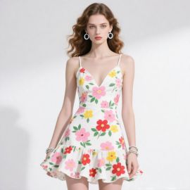 Women's White Floral Print V-Neck Spaghetti Strap Mini Dress with Ruffled Hem