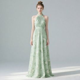 Elegant Mint Green Floral Halter Maxi Dress - Summer Bridesmaid Gown