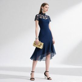 Elegant Navy Blue Lace High-Neck Asymmetrical Midi Dress for Parties & Evenings