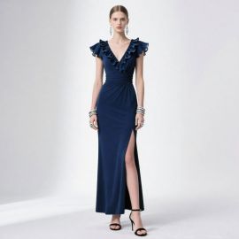 Navy Blue Ruffled V-Neck Slit Maxi Evening Dress - Elegant Formal Gown
