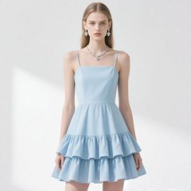 Light Blue Tiered Ruffle Spaghetti Strap Mini Dress