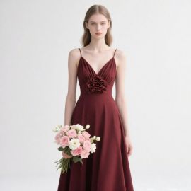 Elegant Burgundy Spaghetti Strap Maxi Dress with Ruffled Flower Detail