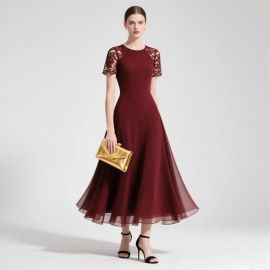 Elegant Burgundy Lace Short - Sleeve Midi Dress for Formal Occasions