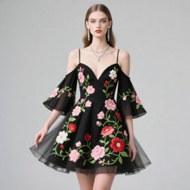 Chic Black Off-Shoulder Dress with Floral Embroidery & Bell Sleeves - Short A-Line Party Gown