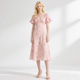 Pink Floral Midi Dress: V-Neck Ruffled Sleeves Summer Elegance