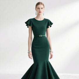 Elegant Emerald Green Mermaid Dress: Ruffled Sleeves & Belted Waist
