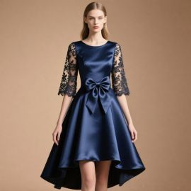 Elegant Navy Blue Satin Dress with Lace Sleeves, Big Bow & Asymmetrical Hem for Parties