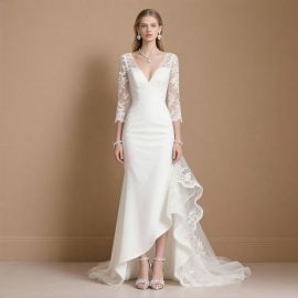 Elegant Long Sleeve Lace V-Neck Asymmetrical Hem Wedding Dress - Modern Bridal Gown