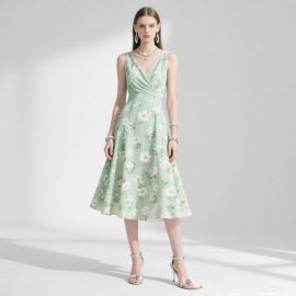 Chic Green Floral Sleeveless V - Neck Cinched Waist Midi Dress