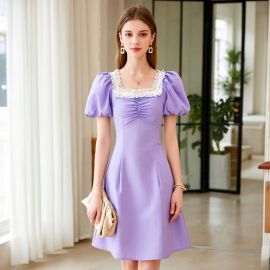 Lavender Puff Sleeve Square Neck Lace Trim Mini Dress - Elegant Summer Style