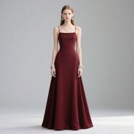 Elegant Burgundy Spaghetti Strap Floor - Length Evening Gown