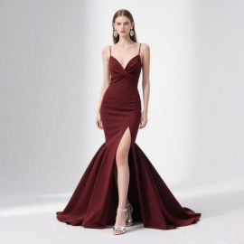 Elegant Burgundy Mermaid Gown: Spaghetti Straps, Deep V-Neck & High Slit - Formal Evening Dress