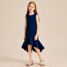 Elegant Navy Blue Sleeveless High - Low Dress for Girls