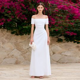 Elegant Off - Shoulder White Maxi Dress with Ruched Waist