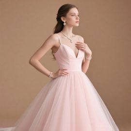 Blush Pink Spaghetti Strap Deep V-Neck Tulle Ball Gown - Elegant Wedding Dress