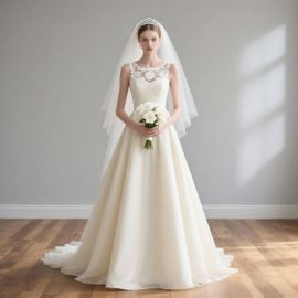 Elegant Ivory Satin Wedding Dress: Lace Bodice & Flowy A-Line Skirt