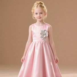 Pink Satin Sleeveless A-Line Flower Girl Dress with Crystal Floral Applique - Wedding Party Gown