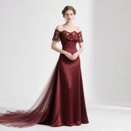 Burgundy Off - Shoulder Lace Long Evening Gown with Train