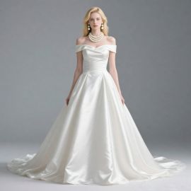 Elegant Off - Shoulder Satin Ball Gown Wedding Dress with Train