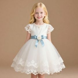 Girls' White Lace Tulle Dress with Blue Satin Belt Flower Pearl Accent - Kids Formal Party Gown