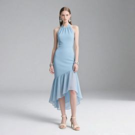 Light Blue Halter Neck Asymmetrical Hem Mermaid Dress - Elegant Evening Gown for Women