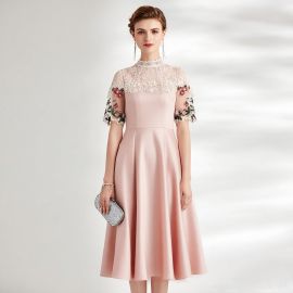 Elegant Pink Midi Dress with Lace High Neck & Embroidered Short Sleeves for Party/Evening