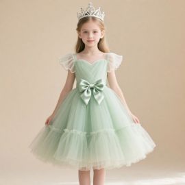 Mint Green Tulle Princess Dress for Girls - Fluffy Skirt & Big Bow Design