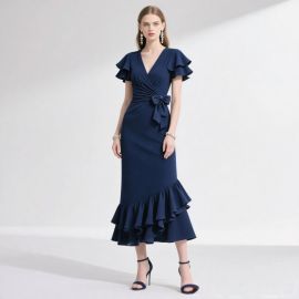 Navy Blue V-Neck Ruffled Sleeve Waist Tie Asymmetric Ruffle Hem Midi Dress