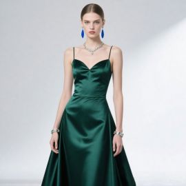 Emerald Green Satin Spaghetti Strap A - Line Gown | Elegant Formal Evening Dress