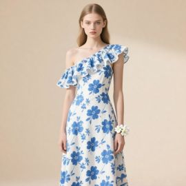 One - Shoulder Ruffled Blue & White Floral Midi Dress
