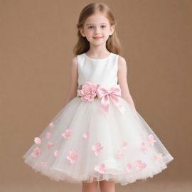 Girls' White Tulle Dress with Pink Flower Appliques & Bow Sash - Princess Style Party Gown