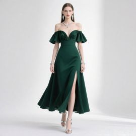 Elegant Emerald Green Off-Shoulder Gown with High Slit & Puffed Sleeves - Formal Evening Dress