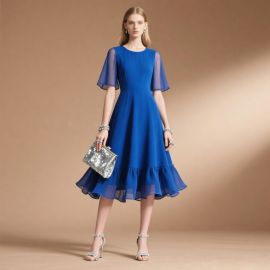 Elegant Royal Blue Midi Dress with Chiffon Flutter Sleeves & Ruffled Hem - Party Ready