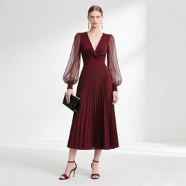 Elegant Burgundy Midi Dress: Deep V Neck, Knot Waist & Sheer Puff Sleeves with Pleated Skirt