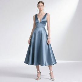 Elegant Blue Satin Deep V-Neck Sleeveless Midi Dress