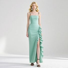 Elegant Mint Green Ruffled Strap Maxi Dress with High Slit