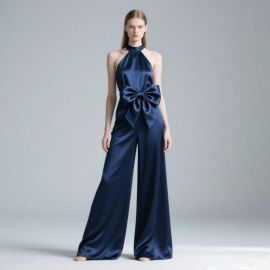 Navy Blue Satin Halter Jumpsuit with Big Bow Wide Leg Pants
