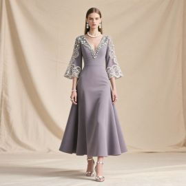 Lavender Midi Dress: Beaded V-Neck & Lace Bell Sleeves - Elegant Formal Evening Gown