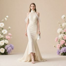 Elegant High-Neck Off-Shoulder Mermaid Wedding Dress - Chic Bridal Gown with Flowy Train