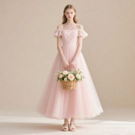 Chic Pink Off - Shoulder Tulle A - Line Midi Dress for Weddings & Events